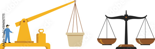 Justice and Weight Measurement Concept with Industrial Crane Scale and Legal Balance Scales in Flat Vector Illustration