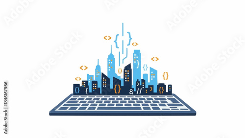 Digital Cityscape Art Futuristic Skyline Emerging from a Laptop Keyboard