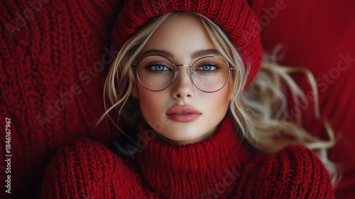 Woman in red knitwear
