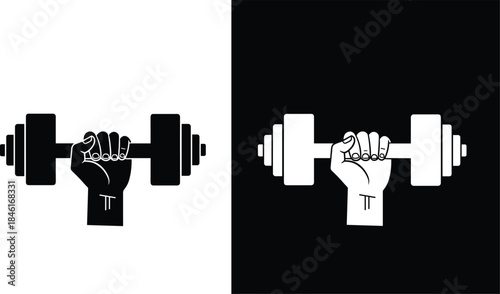 Strong hand holding dumbbell icon set, black and white fitness symbol for gym, workout, bodybuilding, strength training, and power exercise design