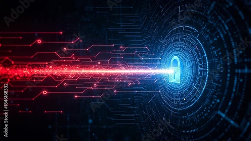 Digital Security: A striking digital representation of cybersecurity, where data streams are interwoven with a glowing lock, symbolizing protection and secure access in the vast digital realm. 