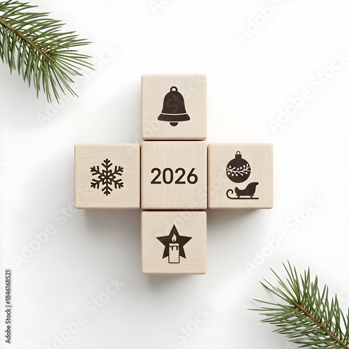 Festive wooden blocks displaying the year 2026 surrounded by traditional Christmas and New Year symbols, creating a charming holiday season greeting on a white background with pine branches
