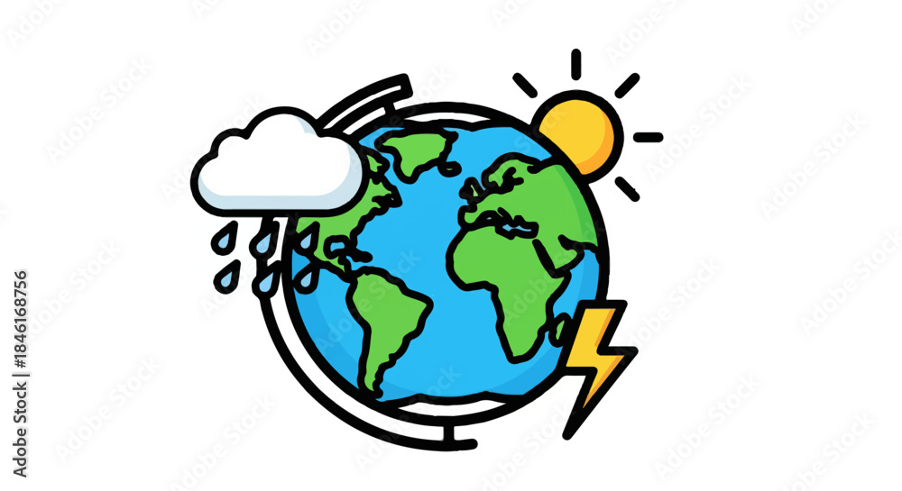 Naklejka premium Illustration of Earth Representing Changing Weather Patterns with Sun, Rain, and Lightning