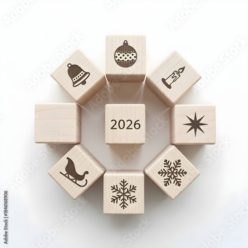 Decorative wooden blocks featuring various holiday and Christmas icons encircling the year 2026, evoking a sense of joyful anticipation for the upcoming New Year celebrations