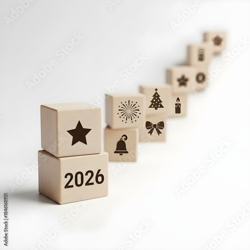 Wooden blocks with symbols and the year 2026 arranged in a staircase pattern on a white background