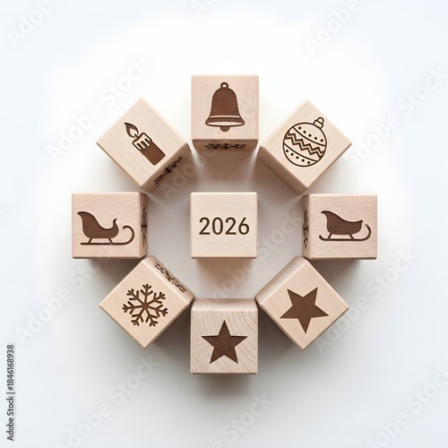 Festive wooden blocks featuring holiday symbols in a circular arrangement around '2026', symbolizing New Year anticipation and Christmas preparations, representing future celebrations and seasonal joy