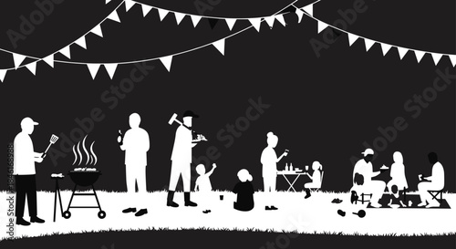 Summer outdoor barbecue party silhouette, family picnic gathering, friends cooking on grill, festive bunting flags, backyard celebration, leisure weekend activity vector illustration
