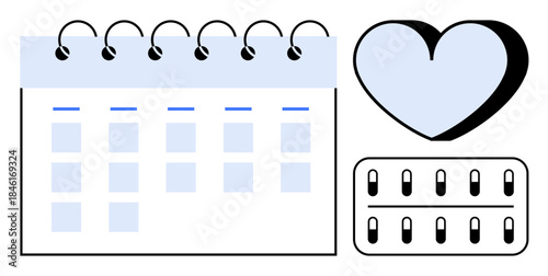 Female health, period planning, contraception, medical schedule, lifestyle monitoring, wellness routine. Calendar, heart and pills. Female health and period planning concept