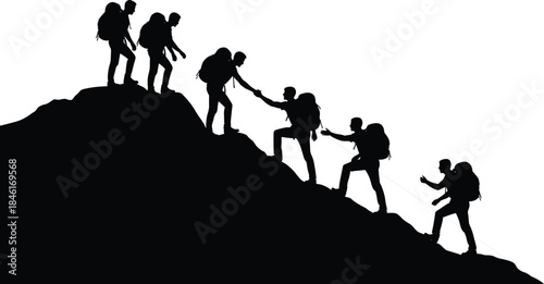 Team of climbers helping each other on mountain slope, teamwork, adventure, leadership, success, motivation and outdoor hiking concept vector illustration