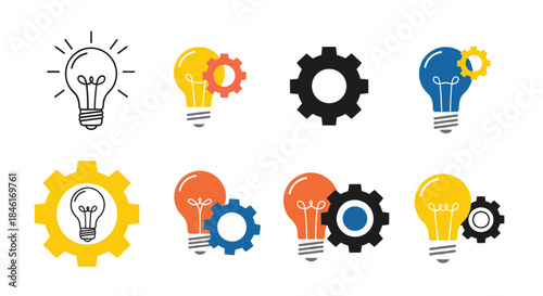 Light Bulb and Gear Icon Set Representing Creative Ideas Innovation Thinking and Problem Solving Flat Vector Illustration