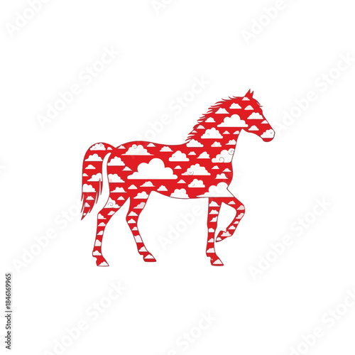 Abstract graphic design of a prancing horse silhouette filled with a cloud pattern isolated on transparent background