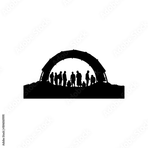 Silhouette image of a group of people gathered under an arched structure on elevated ground isolated on transparent background