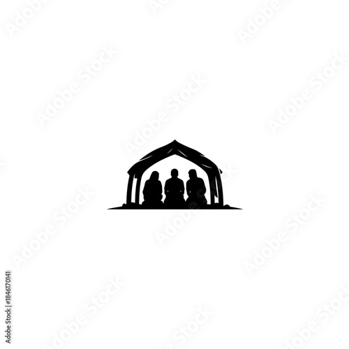 Three figures in silhouette sitting under a simple arched structure, evoking a humble shelter isolated on transparent background