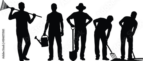 Team of gardeners working together with tools, rake, shovel and watering can, farming teamwork concept, agriculture labor and garden maintenance illustration