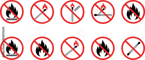 No Fire and No Open Flame Prohibition Icon Set with Matches and Flames in Safety Flat Vector Illustration