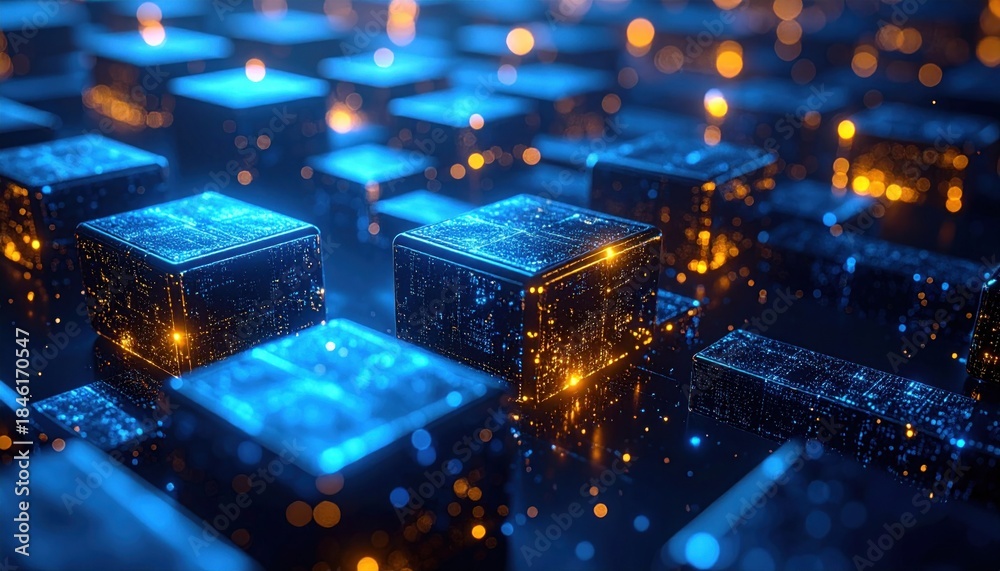 Fototapeta premium Abstract futuristic technology background with glowing cubes and connections.