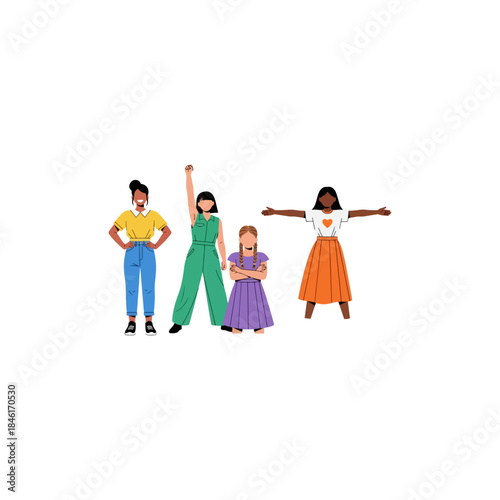 A diverse group of four female figures representing empowerment and different generations isolated on transparent background