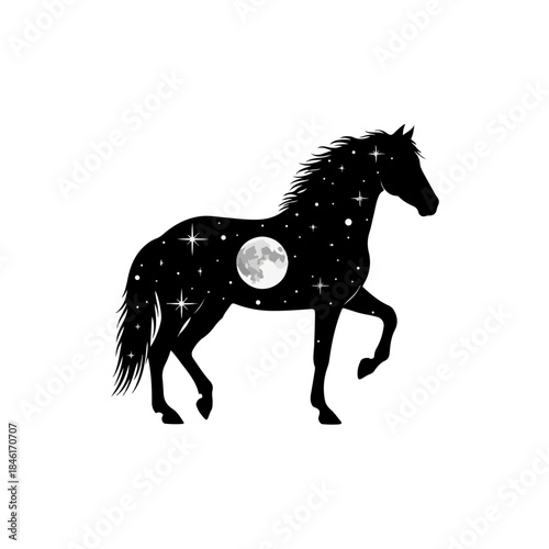A majestic silhouette of a horse filled with a celestial night sky and a full moon isolated on transparent background