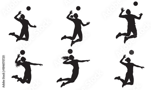 Six dynamic silhouettes of volleyball players spiking and serving in midair action poses