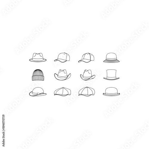 Collection of various headwear designs including hats and caps in outline style isolated on transparent background