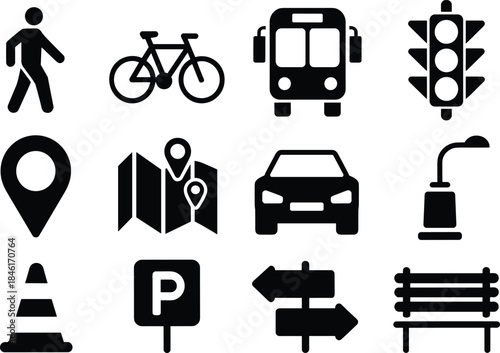 Black and white transportation and city icons set including pedestrian bicycle bus car traffic light map parking street furniture vector