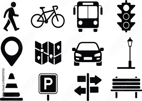 Black and white transportation and city icons set including pedestrian bicycle bus car traffic light map parking street furniture vector