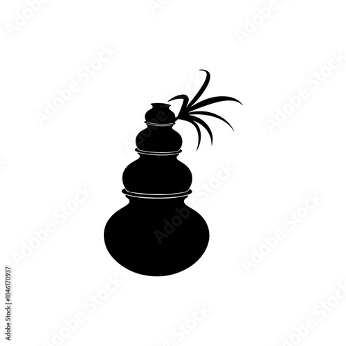 A black and white silhouette illustration of a traditional indian kalash vessel isolated on transparent background