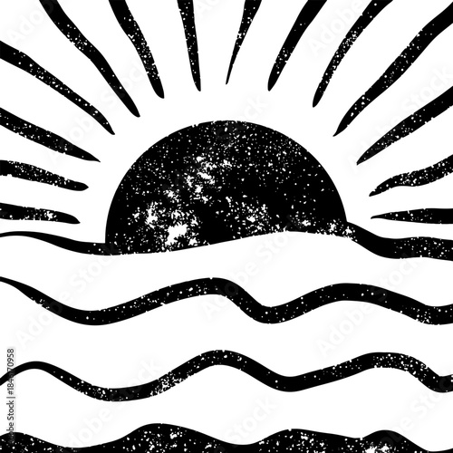 Retro grunge background with black sun and sea waves.