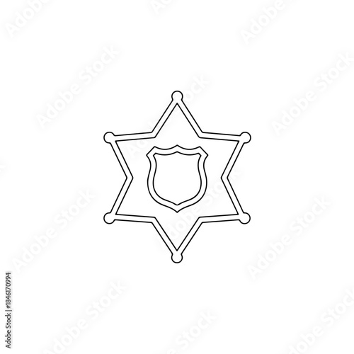 An outline drawing of a six-pointed sheriff or police star badge with an inner shield design for coloring isolated on transparent background