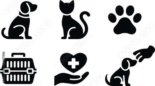 Black pet care icon set, dog cat veterinary symbols, animal health paw print, pet shop clinic logo design vector illustration