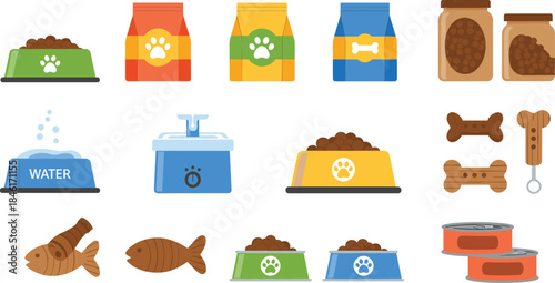 Pet Food and Accessories Icon Set with Bowls Treats Water and Canned Meals in Flat Vector Illustration