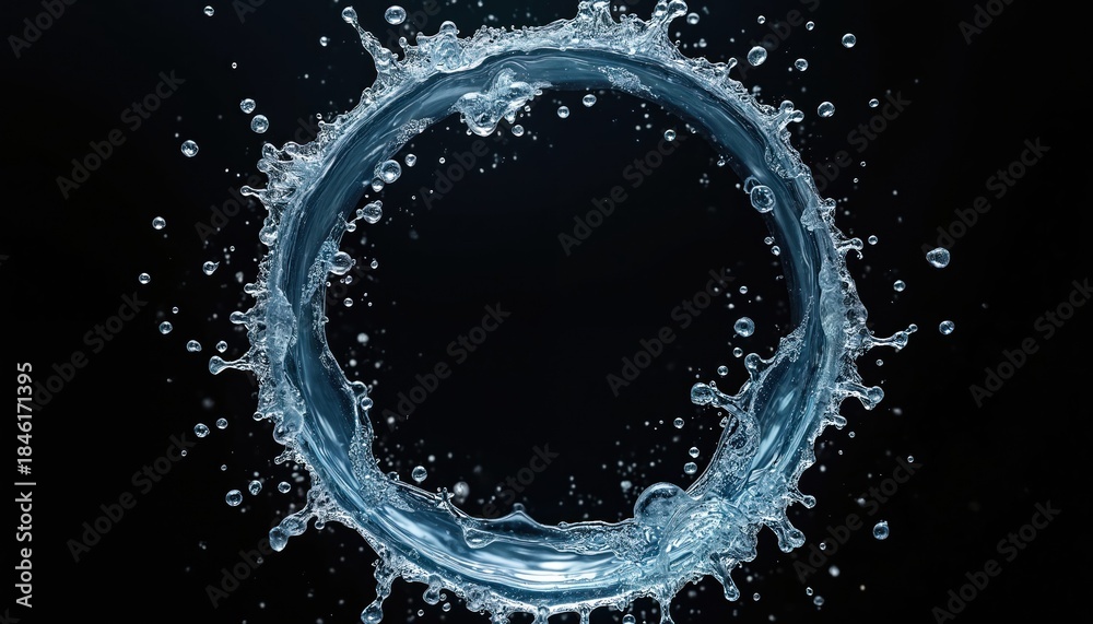 Obraz premium Abstract circular water splash forms a dynamic ring shape with droplets flying outward. Refreshing liquid motion captured in high speed against dark background.