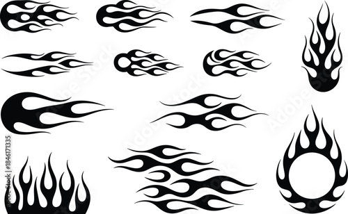 Black tribal flame vector set, fire silhouette icons for tattoo, racing, hot rod, sticker, logo, graphic design illustration clipart collection