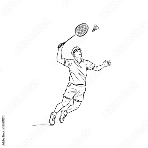 A dynamic badminton player in mid-air hitting a shuttlecock with powerful smash.