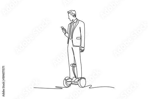 Continuous one line drawing young man in business suit riding hoverboard while checking his smartphone. Depicts efficient, tech-savvy professional. Single line draw design vector graphic illustration