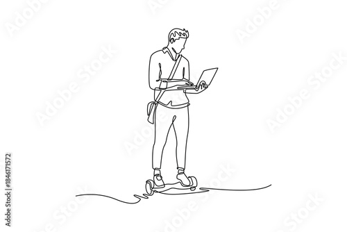 Continuous one line drawing man in business attire riding hoverboard while using laptop. Depicts multitasking technology for efficiency on the move. Single line draw design vector graphic illustration
