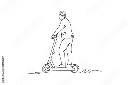 Single one line drawing senior man in formal suit riding electric scooter. Accessibility of mobility technology for all age group in urban area. Continuous line draw design graphic vector illustration