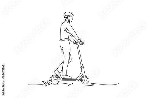 Single one line drawing man wearing helmet and jacket, riding electric scooter, looking forward. It emphasizes safe, personal urban commuting. Continuous line draw design graphic vector illustration