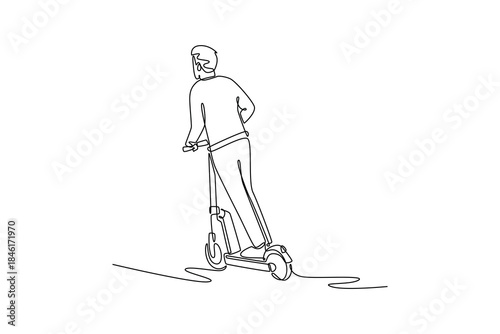 Single one line drawing man from behind, riding electric scooter. Movement, speed of micro mobility for efficient, fast, last mile urban travel. Continuous line draw design graphic vector illustration
