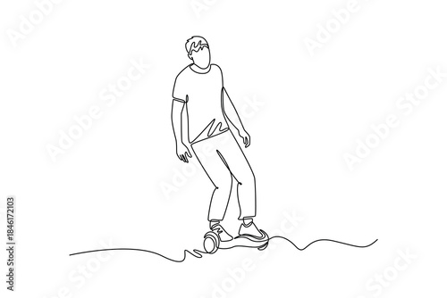 Continuous one line drawing young man balancing on a two-wheeled hoverboard, leaning forward for speed. Energetic and casual micro-mobility trend. Single line draw design vector graphic illustration