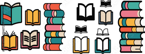 Colorful book icons set, stacked books and open book illustrations, education library reading concept, vector design isolated on white background
