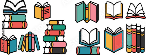 Colorful book icons set, stacked books and open book illustrations, education library reading concept, vector design isolated on white background
