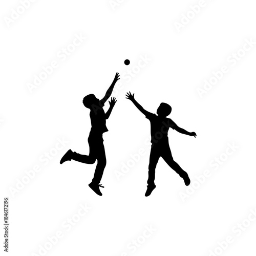 A playful silhouette of two young boys competing to catch a ball in the air isolated on transparent background