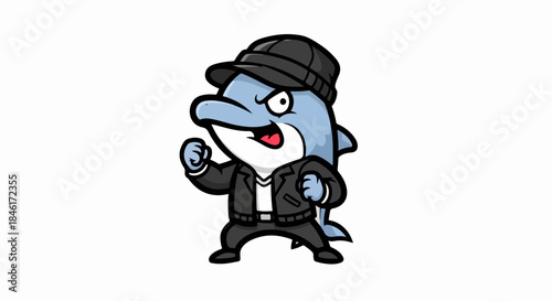 Playful Animated Shark Character in Hat and Jacket with a Cheerful Expression in Fighting Pose