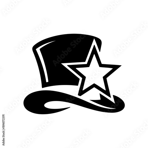 A minimal black and white graphic illustration of a top hat with a prominent star outline isolated on transparent background