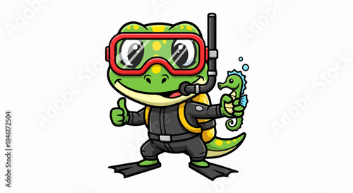 Cartoon Frog Character in Diving Gear with Snorkel and Seahorse at a Colorful Underwater Scene