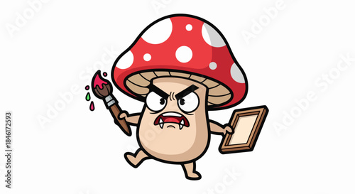 Angry Cartoon Mushroom Character with Paintbrush and Palette in Whimsical Art Style