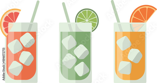 Colorful flat illustration of three refreshing fruit drinks with ice cubes and citrus slices, summer beverage concept for food and drink design