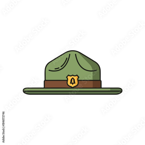 A simple flat icon design featuring a classic green park ranger campaign hat with a badge isolated on transparent background