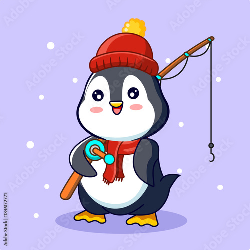 Cute Penguin Ready for Winter Fishing Adventure Vector Illustration Cartoon Design Kawaii